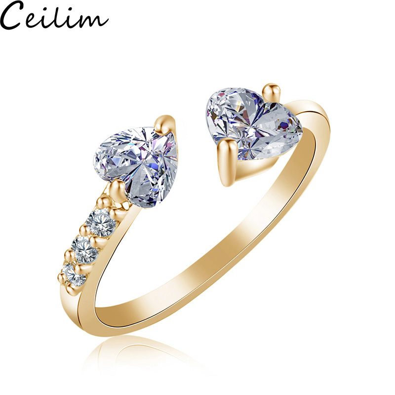 

Fashion Double Heart Full Open Ring Zircon Love Adjustable Opening Rings Wedding Ring For Womens Lady Jewelry High Quality Brand