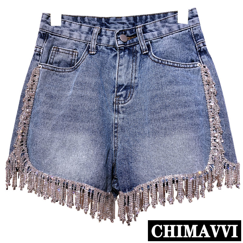 

Women' Jeans 2021 Rhinestone Fringed High Waist Denim Shorts Super Flash Wimen' High-end Diamond Tassel Short Pants, Blue