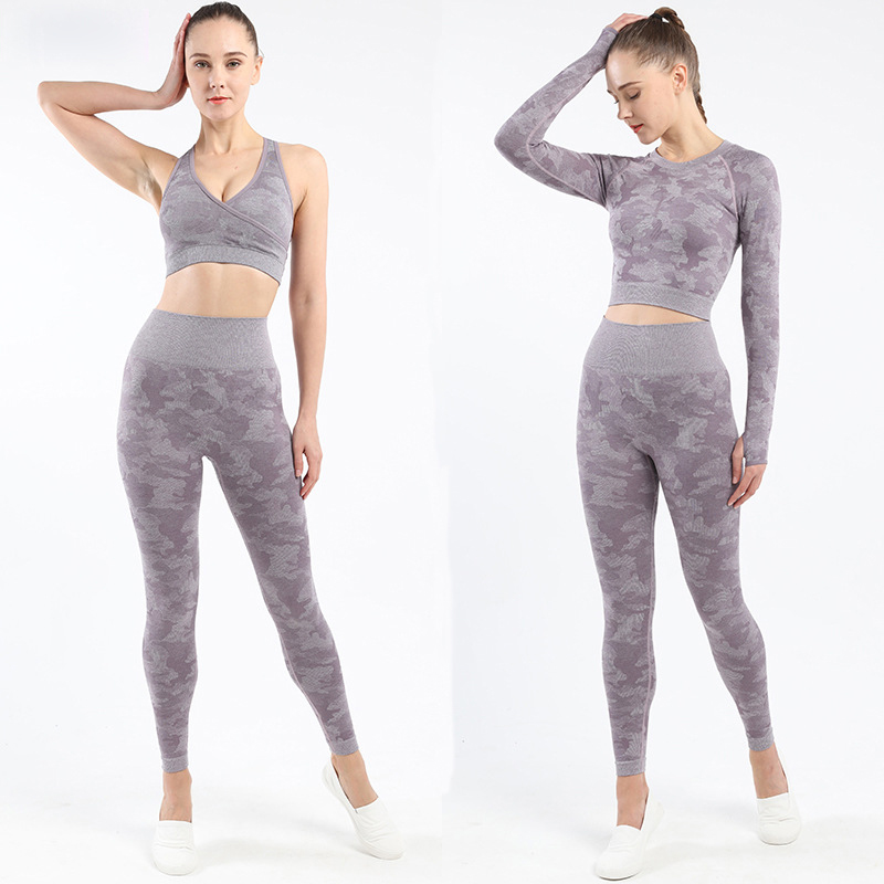 

2Pcs Camouflage Camo Seamless Yoga Set Women Fitness Clothing Sportswear High Waist Scrunch Leggings+Sport top Gym Sports Suits, Black-2