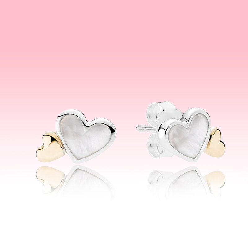 

Yellow gold plated double Heart Stud Earring Women Girls summer Jewelry for Pandora 925 Silver Love hearts Earrings with Original box