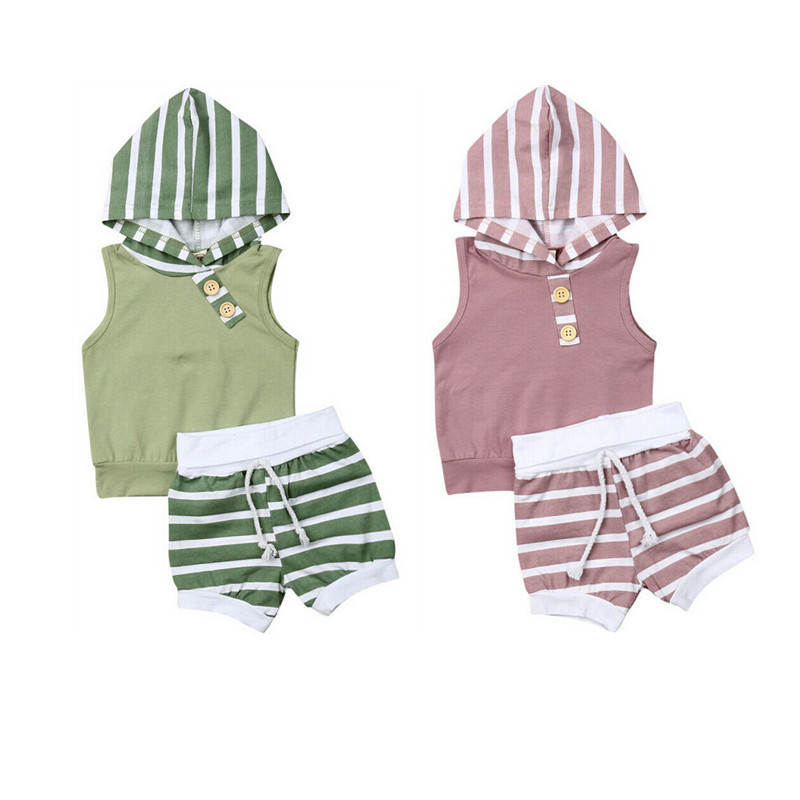 

Infant Baby Boy Girl Hooded Clothes Set Babies Cotton Striped Hoodie Button Tops+Shorts Pants Summer Loose Soft Outfit Set 2Pcs, Green