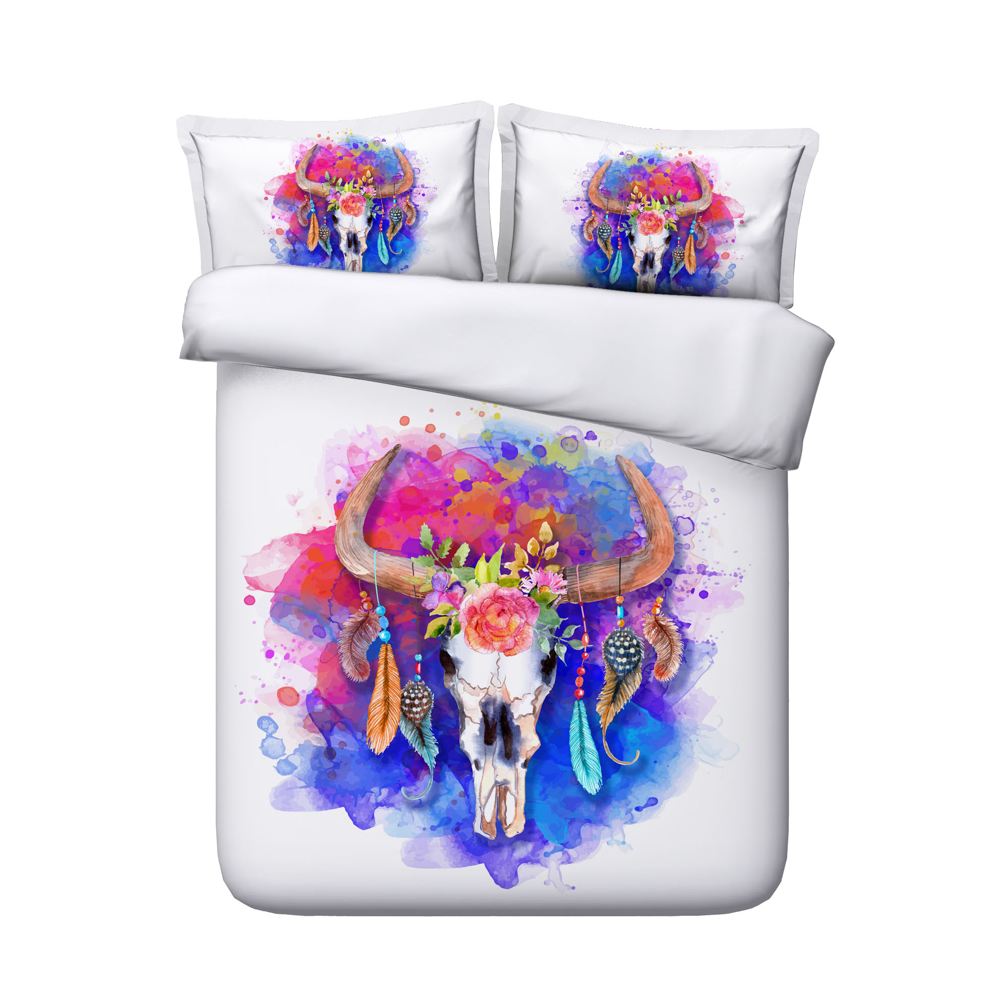 Boho Feather Duvet Cover Set Colorful Floral Sheep Skull Home