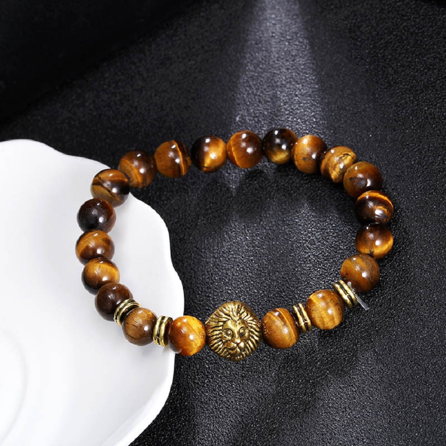 

New Fashion Leopard Lion Style Jewelry 8mm Beads Mens Charm Beaded Tiger Eye Bracelet Stretch Beaded Men Bracelet For Men Women Gift