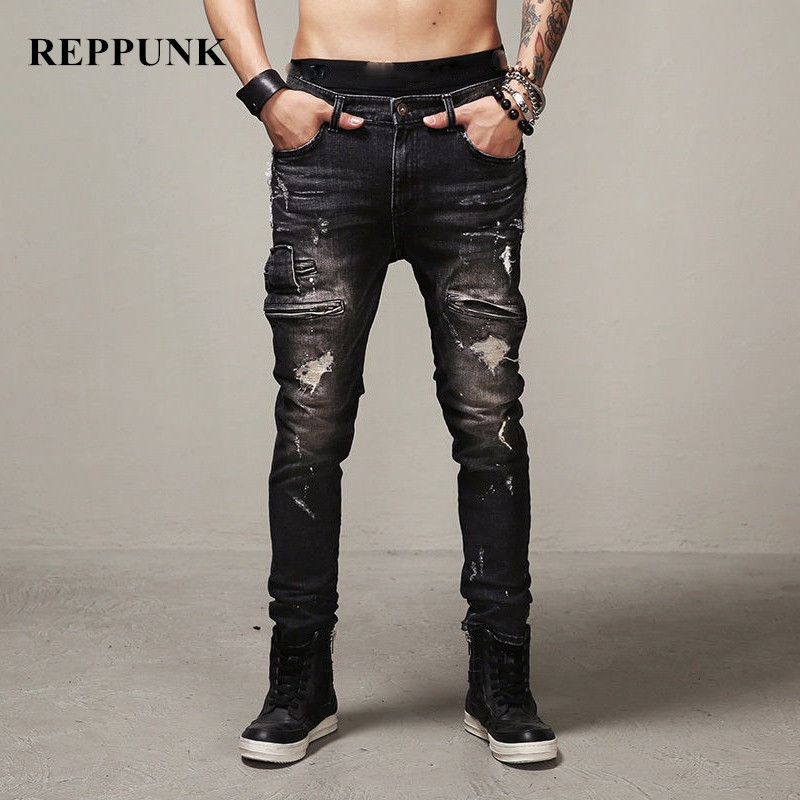 

2020 New Men vintage Destruction Ripped Slim fit Biker jeans Male Streetwear Cotton Stretch Casual Denim pants Trousers, Black