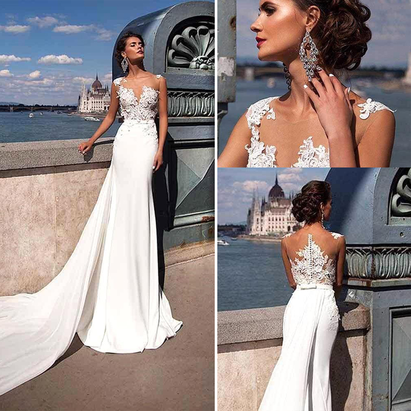 

Romantic Lace Mermaid Wedding Dresses Appliques O Neck Floor With Long Train Wedding Dresses Bridal Gowns Vestidos de novia BC3043, Champagne