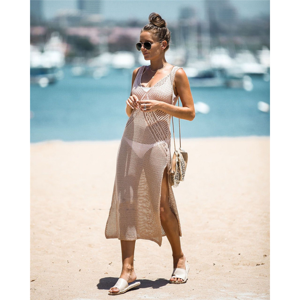 

Womens Casual Bikini Beach Blouse Split Fashion Cutout Knitting Camisole Ladys Summer Holiday Sun Shirt Women Sexy Blouse Hot Sale, Khaki