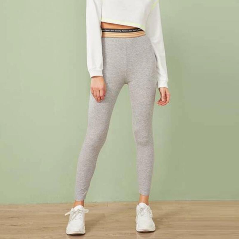 

Ladies Yoga Pants Striped Waistband Letter Printing Elastic Fitness Running Workout Gym Fitness Exercise Athletic Pants Stretchy, Gray