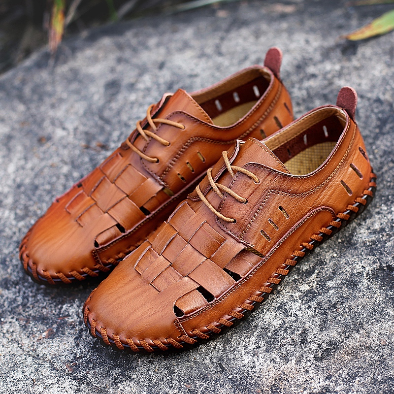 

new design men casual big size breathable summer shoes genuine leather sandals outdoor platform beach sandalias lace-up sandales, Picture color