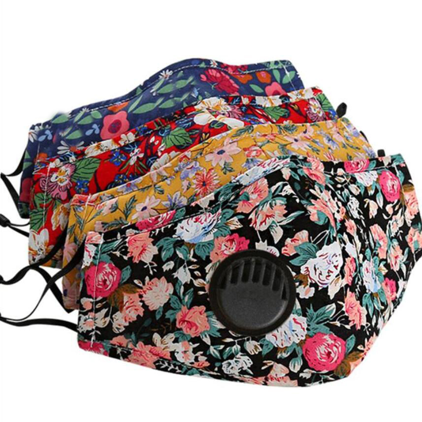 

Cotton Floral Print Mask with breather valve Breathable Mouth Masks Anti Dust Washable Reusable Face mask cover without filter