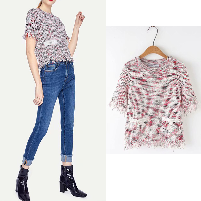 

2019 fashion Tassel Knitted Tweed Short Sleeve Women Tops and Blouses Summer New Casual O Neck Loose Female Pullover Blusas, As picture