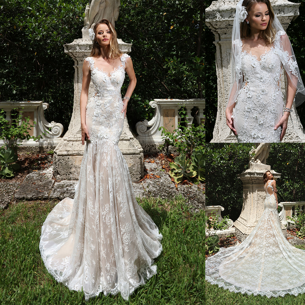 

2020 Bohemian Mermaid Wedding Dresses V Neck Floral Appliqued Beaded Bridal Gown Sleeveless Sweep Train Lumbar Vestidos De Novia, Light sky blue