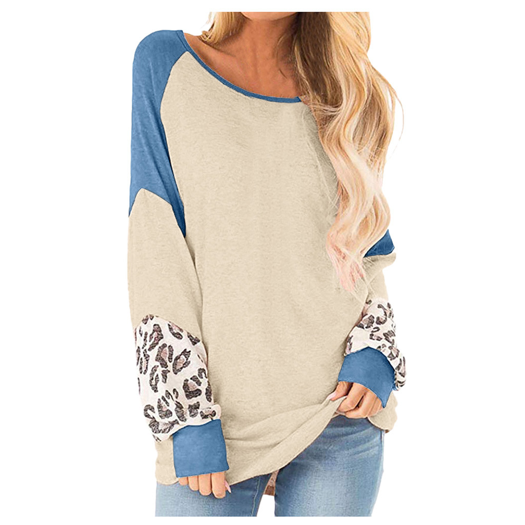 

FREE OSTRICH Women Autumn Female Long Sleeve Print Leopard Sweatshirt Tracksuit Contrast color Round collar Casual Sportswear, Yel