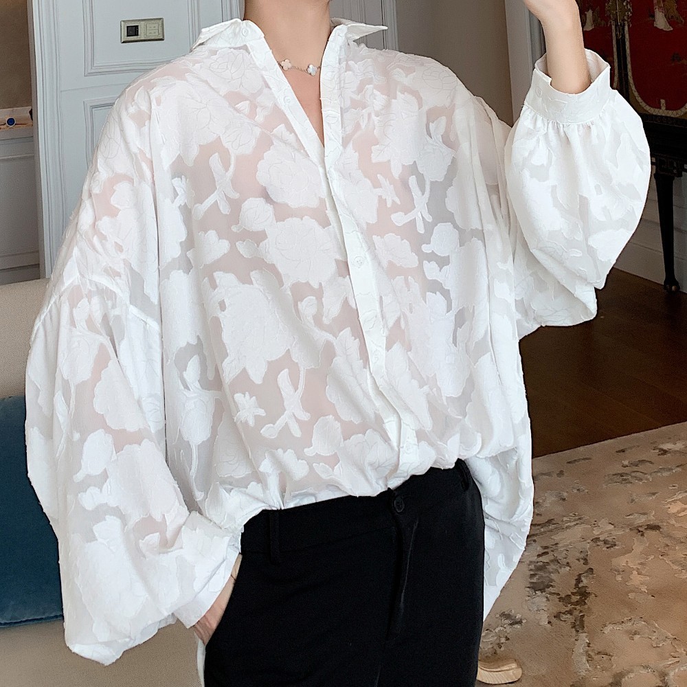 

Oversize Long Sleeve Loose Casual Shirt Streetwear Hip Hop Gothic Punk Dress Shirt Men Translucent Sexy Lace Shirts Male Women, Black