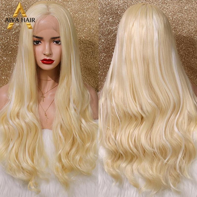

Aiva Hair High Resistant Synthetic Hair Wig Highlight Blonde Color Long Wavy Cosplay Wig Middle Part Lace Front Wigs For Women, Highlight color