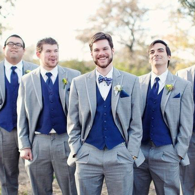 

Gray Wedding Groomsmen Tuxedos Classic Style Three Piece Royal Blue Vest Custom Made Groom Men Suits (Jacket + Vest +Pants), Same as image