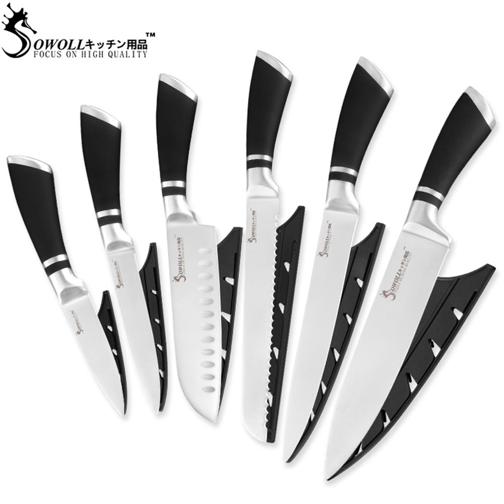 

SOWOLL Stainless Steel Kitchen Knife 6 Piece Set ABS+Stainless Steel Handle Japanese Chef Slicing Santoku Utility Fruit Knife