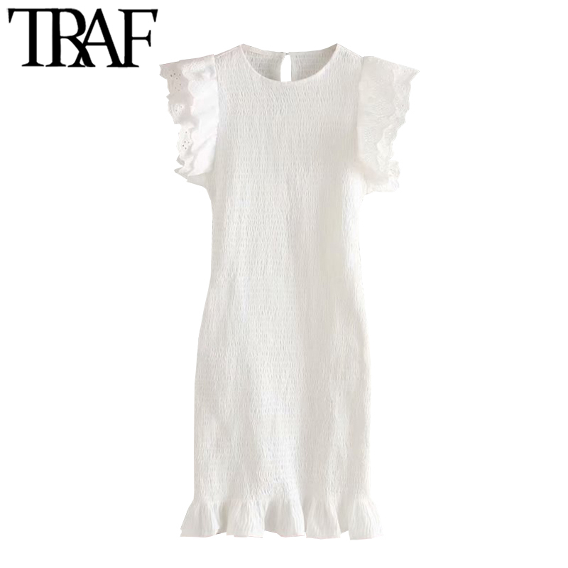 

TRAF Women Elegant Fashion Embroidery Ruffled Smocked Elastic Mini Dress Vintage O Neck Short Sleeve Female Dresses, As picture