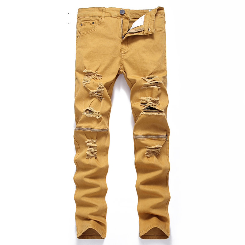 

Straight jeans anti-scratch locomotive jeans long zipper hole destroyed men ripped denim skinny famous designer brand big, 607