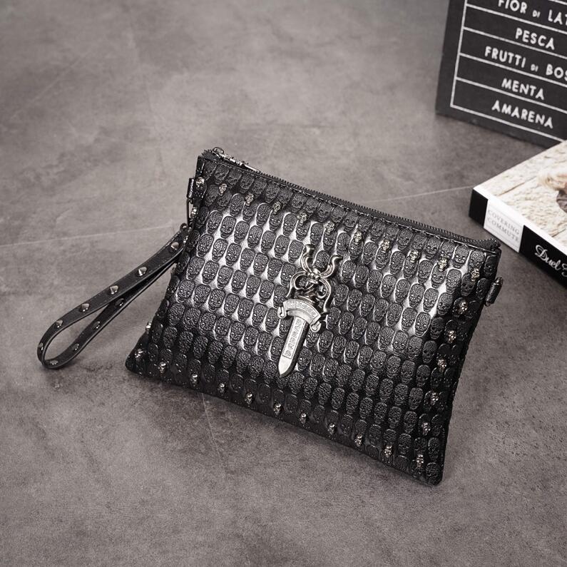 

Factory wholesale men bag street trend embossed leather shoulder bags personality rivet punk envelope handbag ghost head pattern mens messenger handbags, Black(boutique box)