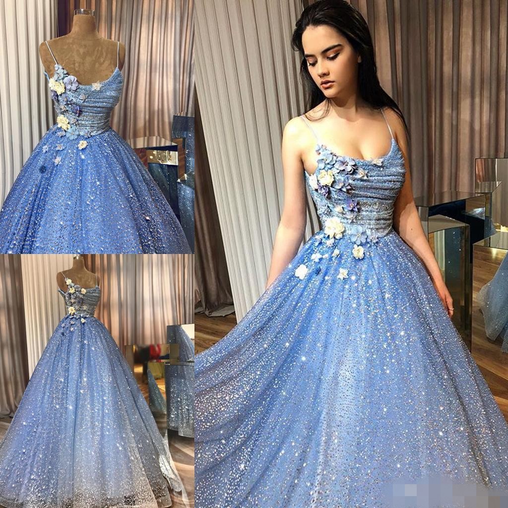 

2020 Sparkly Light Blue Prom Dresses Spaghetti Straps 3D Floral Applique Beaded Handmade Flowers Custom Made Evening Formal Gowns Plus Size, Brown