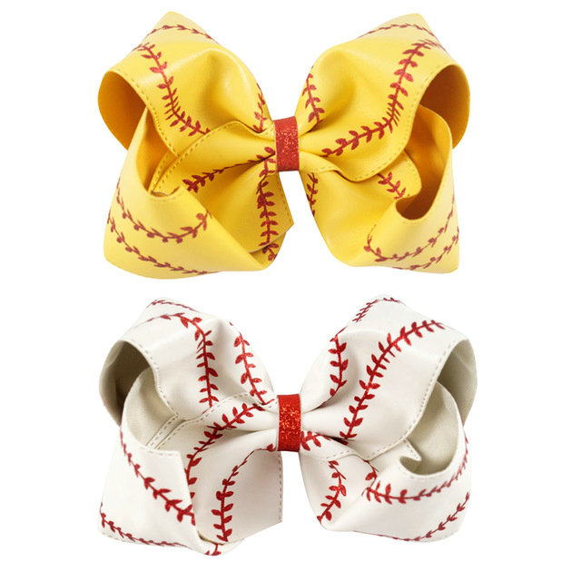 

New 7inch 8inch Large Softball Team Baseball Cheer Bows Knot Hairbands Handmade Ribbon and Leather Hair Bow for Cheerleading Girls, As photo