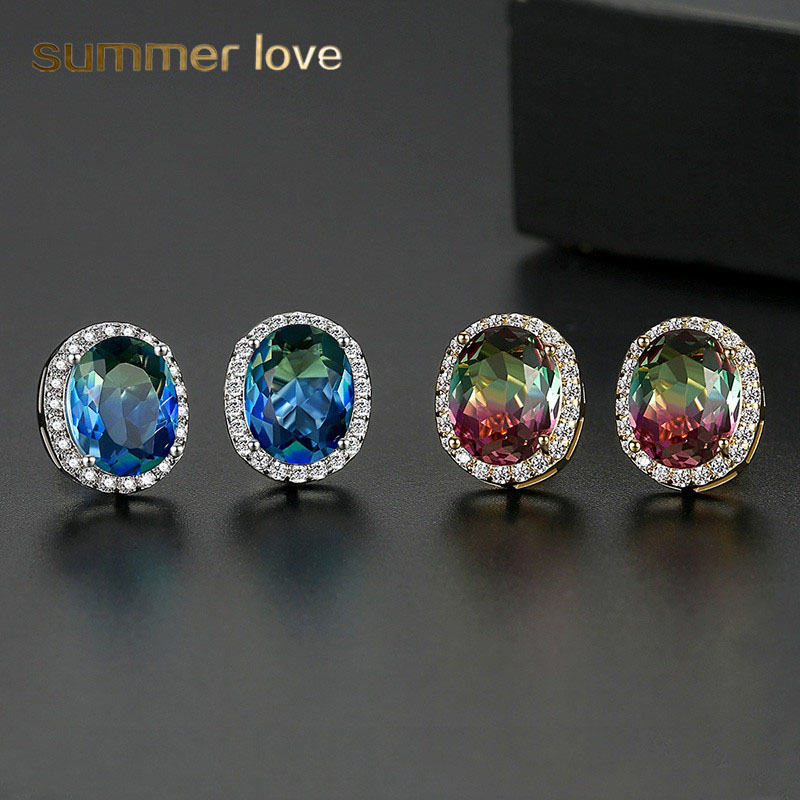 

New Arrival Blue Rainbow Cubic Zirconia Oval Stud Earring For Women Girl Fashion 18k Gold Plated Antiallergy Pin Earring Jewelry Gift