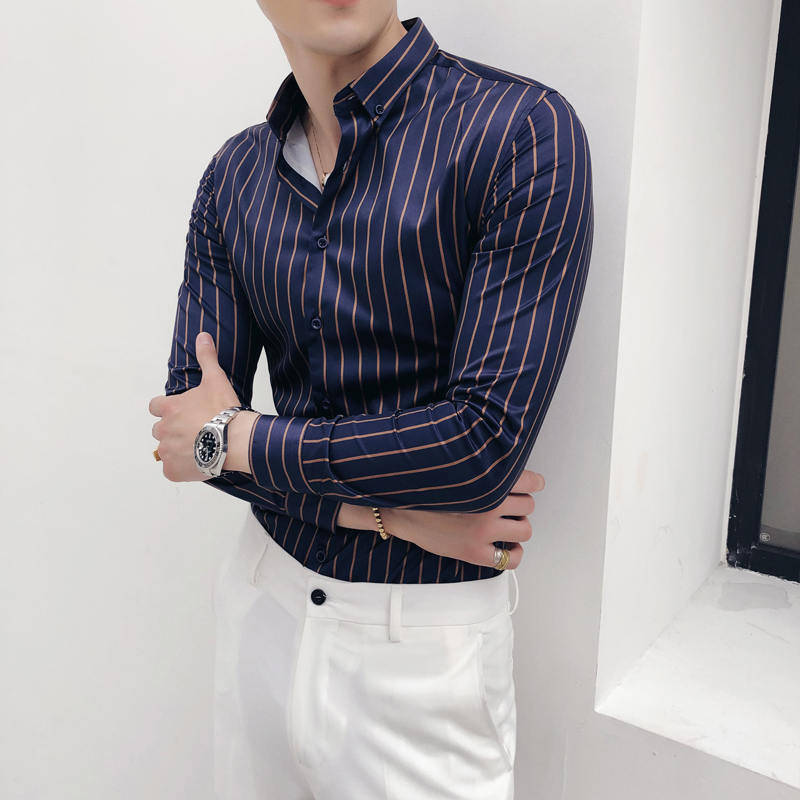 

High Quality Men's Brand Shirt Top Homme Korean Fashion Casual Striped Dress Shirt Formal Business Slim Long Sleeve Social, Blue