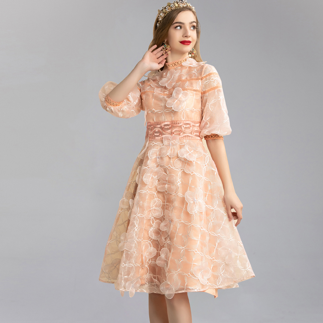 

2020 Women's Runway Dresses O Neck 3/4 Sleeves Embroidery Appliques Elegant Party Prom Casual Designer Dress, Yellow