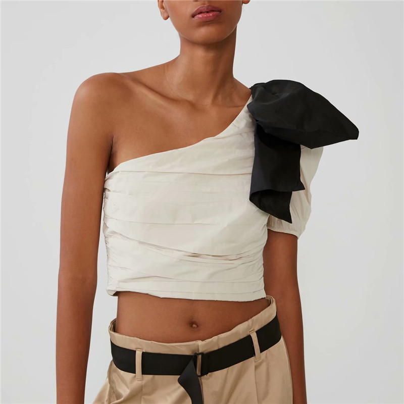 

Sexy bow tie crop top Women Skew collar one shoulder pleated stretchy short blouse party club chic tops, White