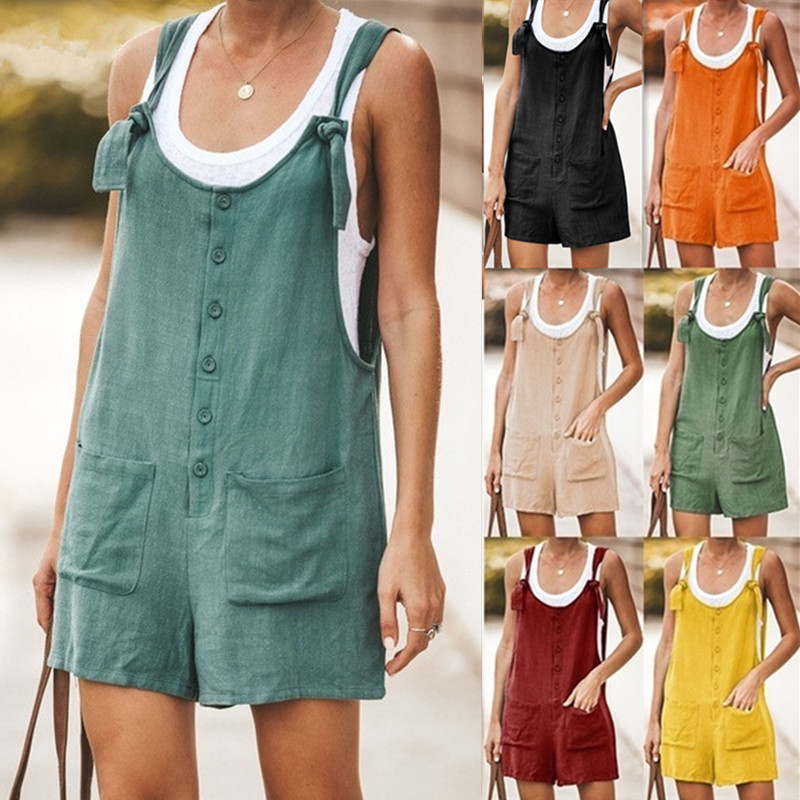 

2020 Summer New Casual Sleeveless Sexy Women' Shorts Solid Color Pocket Lacing Ladies Cotton And Linen Loose Straps Jumpsuit, Black