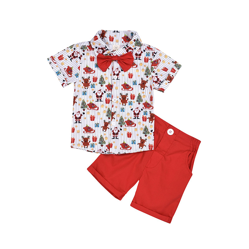Chemise de vêtements de Noël bébé Baby garçon avec arc + short rouge Santa clause Elk imprimé dessin animé de coton neuf tout-tout petit enfant 2