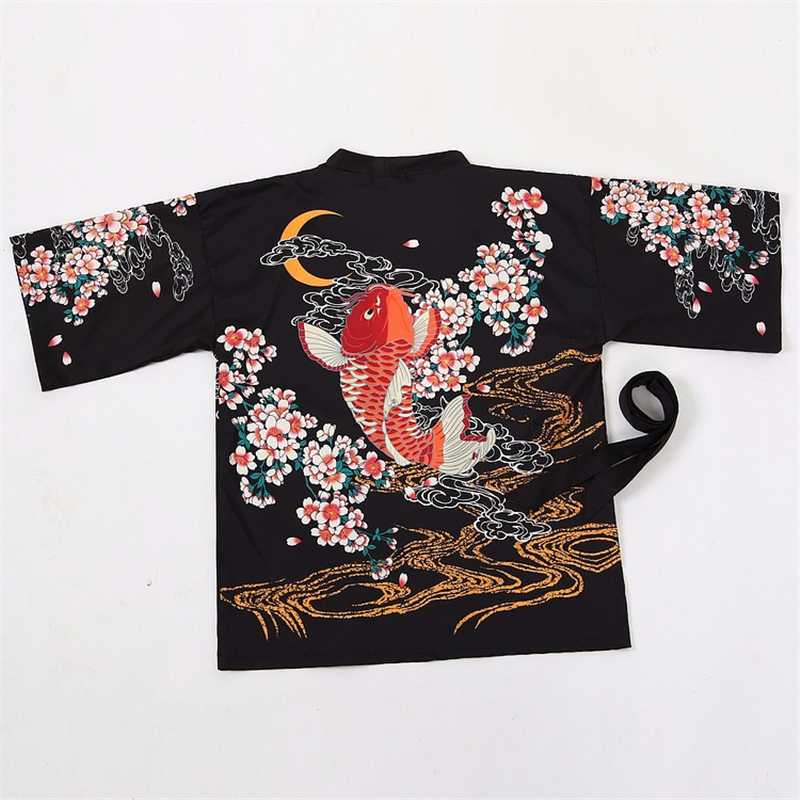 

harajuku kawaii retro summer carps moon flowers print loose sun protection kimono cardigan sun shirt women novelty outerwear, Black
