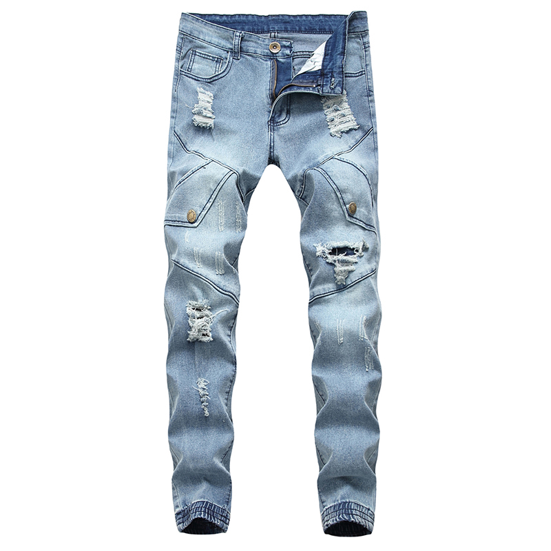 

Jeans Long Trousers Pencil Pants Men Hole Skinny Street dress Hip Hop Pleated Personal clothing Casual Fashion Denim MOOWNUC MWC, Blue