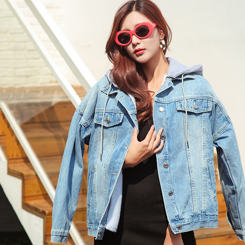 

Ripped Long Sleeve Women Denim Jackets 2018 Fall Oversize Light Blue Casual Female Jacket Coat Lambswool Liner Jackets for Girls, Black