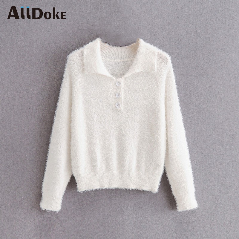 

ALLDOKE white casual turn down collar sweater women spring button long sleeve slim pull femme vintage ladies cotton sweaters