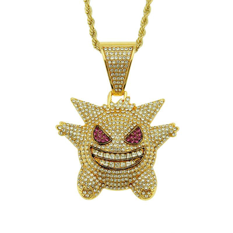 

New Full Rhinestone Gengar Pendant Necklaces Creative Hip Hop Bling Bling Ice Out Chain Jewelry For Men Gift Free Shipping