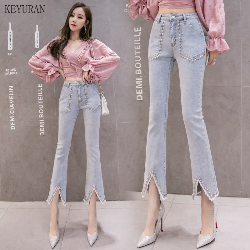 

2020 Rivet Beading High Waist Jeans Woman Boyfriends Women' Jeans Nine-point Length Mom Flare Denim Pants Vaqueros Mujer, Blue