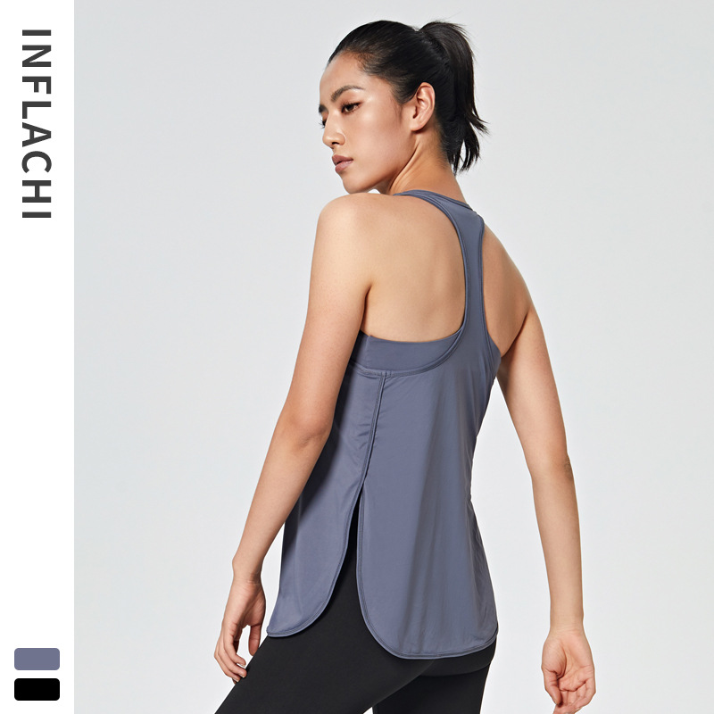 

Side Opening Loose Double Layers Women Yoga Tank Top Gym Fitness Sport Fake Two Pieces Sleeveless Vest With Chest Pad, Black