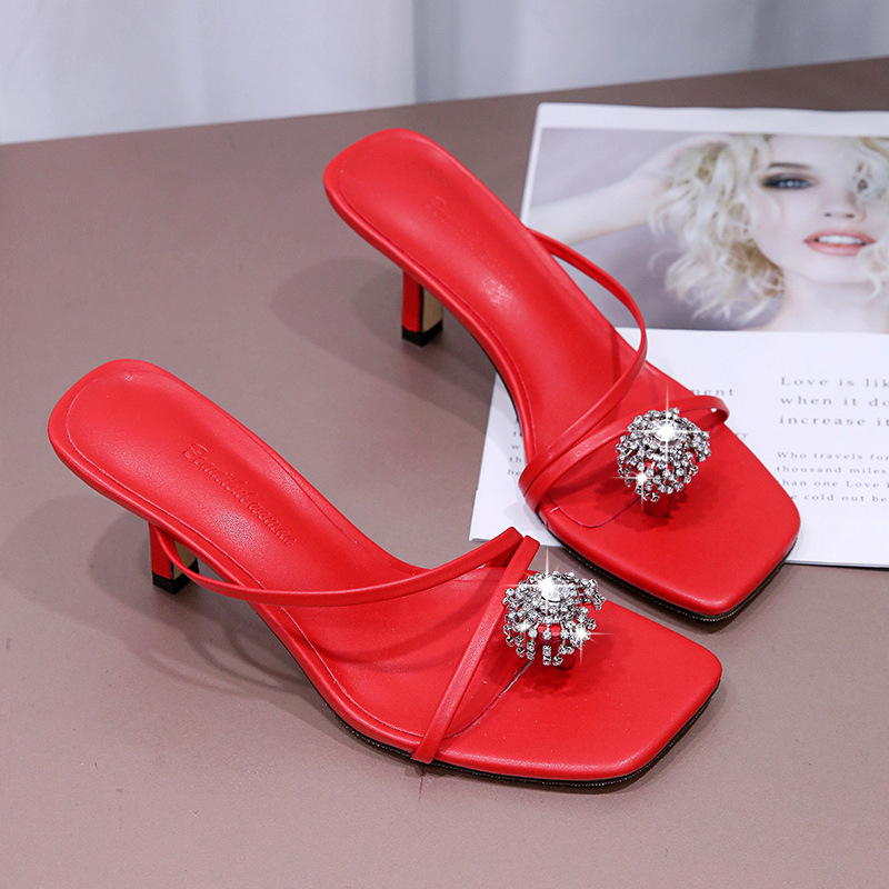 

Summer New Outer Wear Slippers Women Fashion Blingbling Toe Thin Belt Slides Solid Thin Heels Med (3cm-5cm) Party High Quality, Black