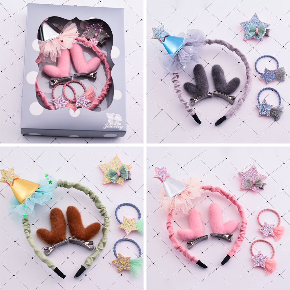 

1 Set Christmas Gift Hairclip Christmas Deer Ears Hat Headband Set Children Headband Antler Hairpin Hair Accessories Combination