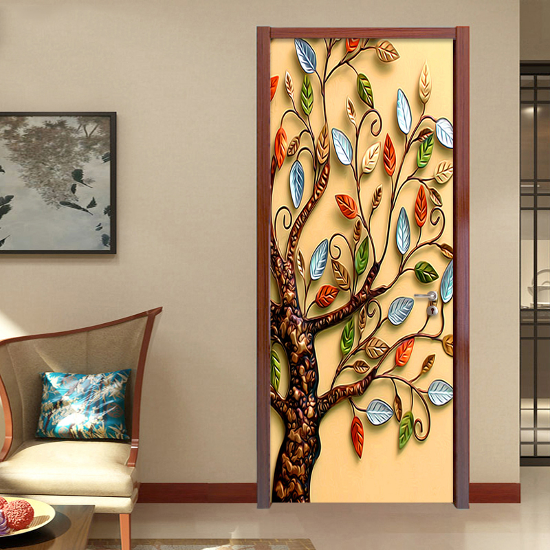 

3D Stereo Relief Colorful Tree Photo Wall Mural PVC Self-Adhesive Waterproof Door Sticker Wallpaper Living Room Study Art Decor, As pic