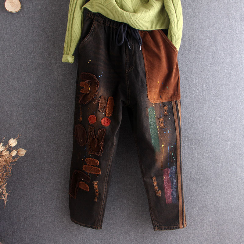 

Fashion Spring Autumn Jeans Retro Women Harem Denim Pants Elastic Waist pocket Embroidery Floral Hole Casual Ladies Trousers New, As shown