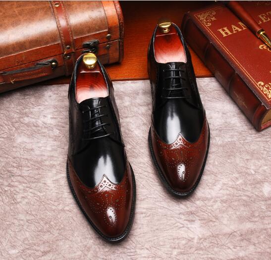 

intage british style brogue carved shoes flat heel fashion genuine leather mens formal business shoes, Black