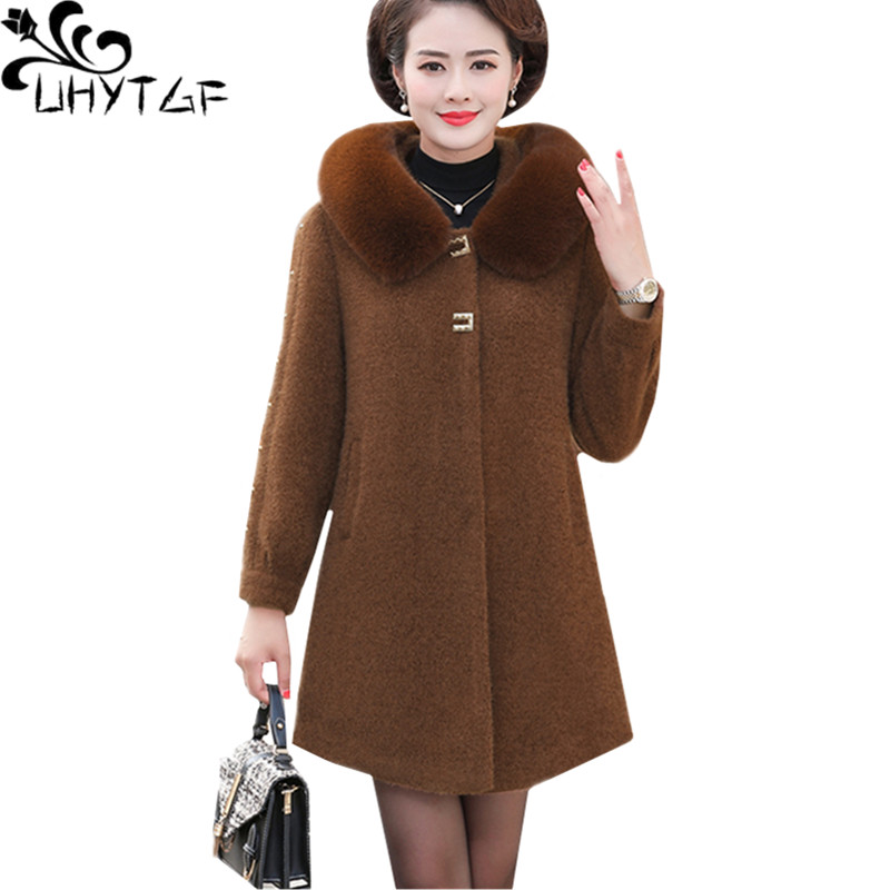 

UHYTGF Autumn winter coat womens quality mink woolen jacket fur collar hooded elegant women coat casual plus size top female 660, Brown