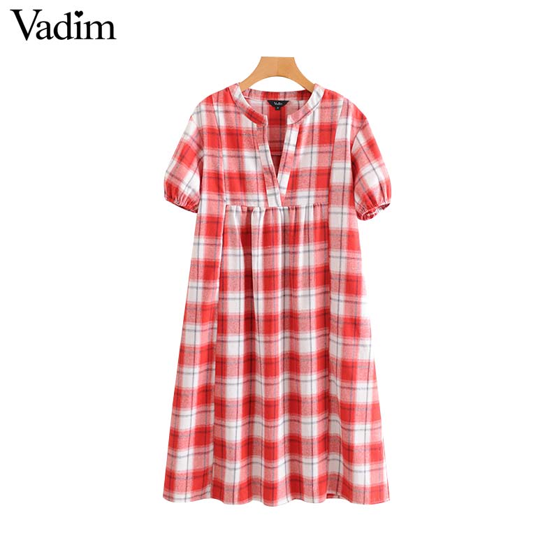 

Vadim women vintage plaid midi dress short sleeve chic checkered female casual loose mid calf dresses vestidos QD265, As picture