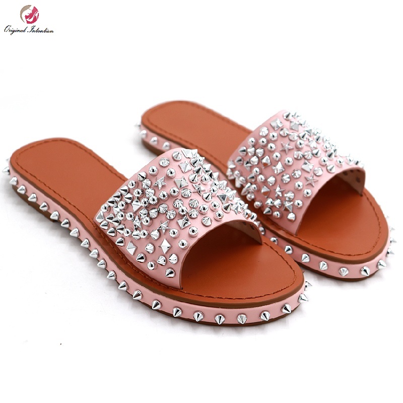 

Casual Fashion Sandals Concise Flat with Rivet Synthetic PU Sandals Slip-On Dropshipping original intention Size 35-43, Ef8577 pink