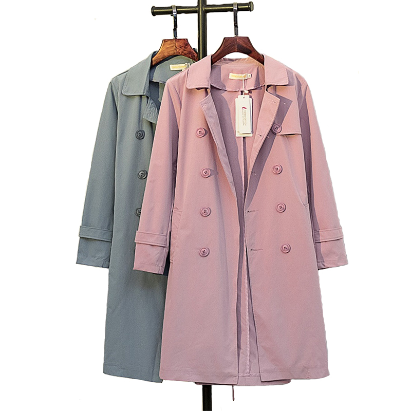 

Plus size 5XL Cotton Trench Coat Women 2019 Spring Autumn Solid color Double-breasted Long Windbreaker Casual Tops Female A2470, Pink