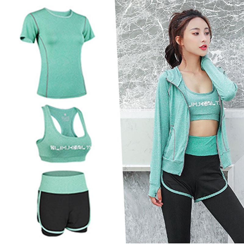 

Quick Dry Gym Fitness Women Yoga Set T Shirt+ Sport Bra+shorts Pants 2020 Breathable Outdoor Sportswear Clothing Running Suit, Rosa red 2pcs