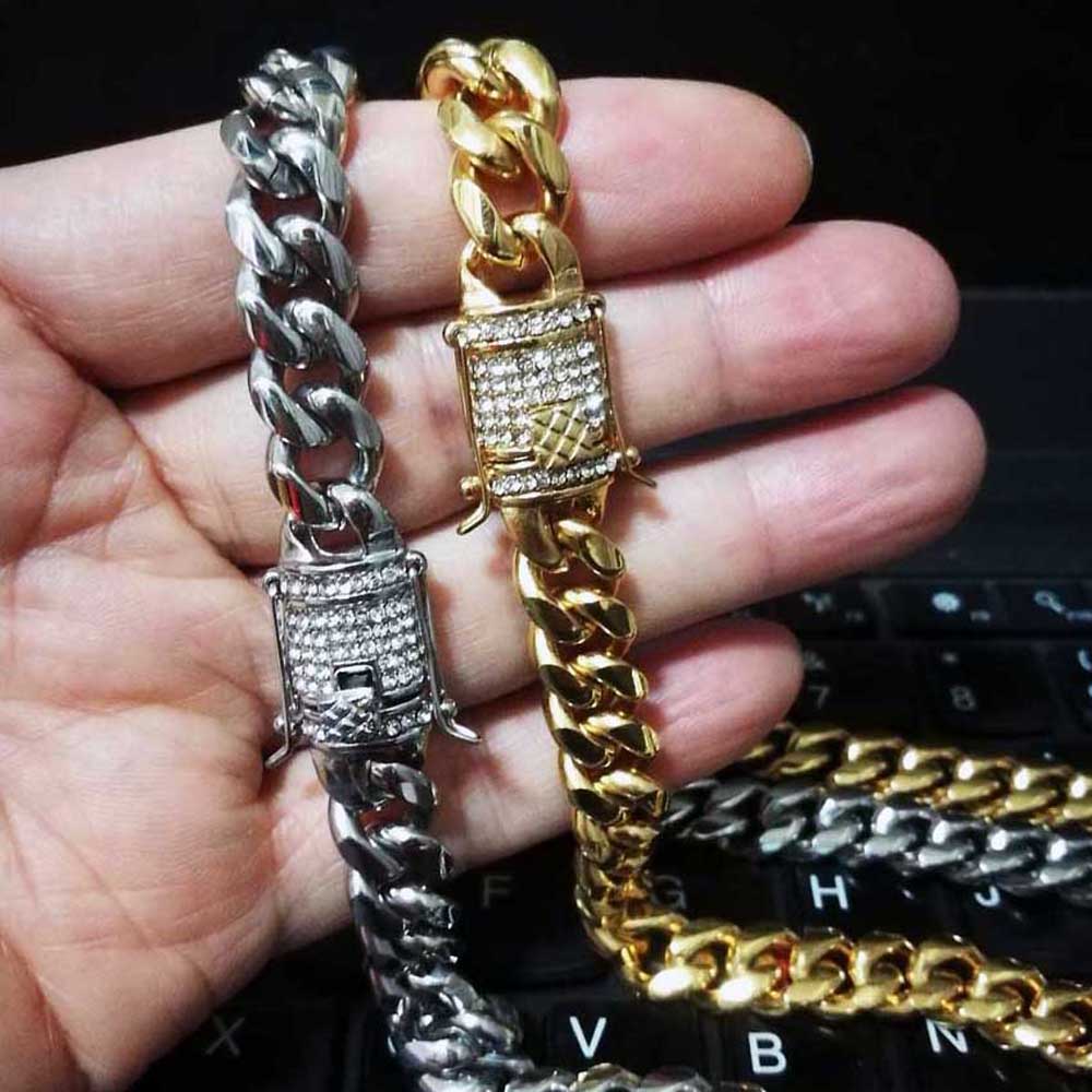 

Men Women Miami Cuban Chain Necklace Stainless Steel Casting Double Safety Clasps & Diamond Curb Link Chains Hip Hop Jewelry 10mm 61cm/76cm