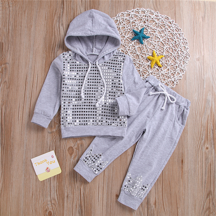 

Spring and Autumn Girls Long sleeve sequins Hoodies+Trousers 2 Piece Sets kids clothing sets tracksuit kids designer clothes girls DHL JY367, Gray